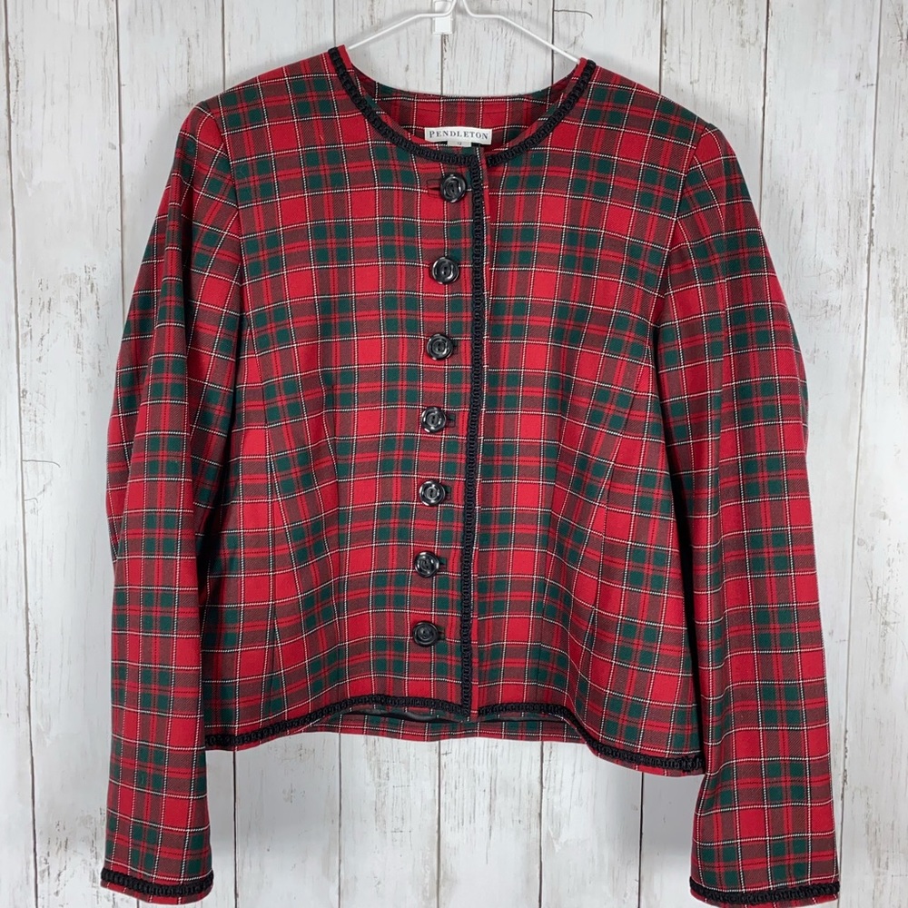 Pendleton 100% Virgin Wool Blazer Jacket Women’s Size 12 Red Green Plaid